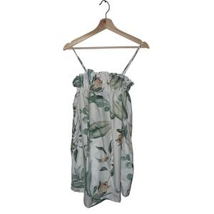 Tropical Leaf Print Smocked Ruffle Strap Mini Babydoll Vacation Dress Women's XS